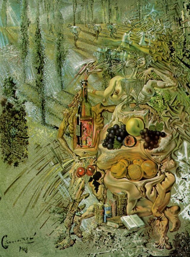 萨尔瓦多·达利 当代油画作品 -  《狄俄尼索斯将卡达克斯的完整形象吐在三层高迪尼亚女人的舌尖上》