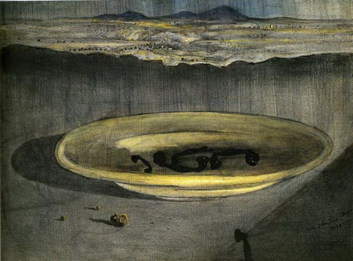 萨尔瓦多·达利 当代油画作品 -  《盘子上有电话的风景》