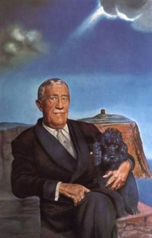萨尔瓦多·达利的当代艺术作品《切斯特·戴尔和他的狗可可的肖像》