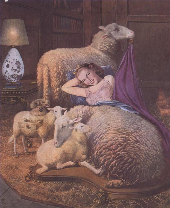 萨尔瓦多·达利 当代油画作品 -  《斜倚着羊的女孩》