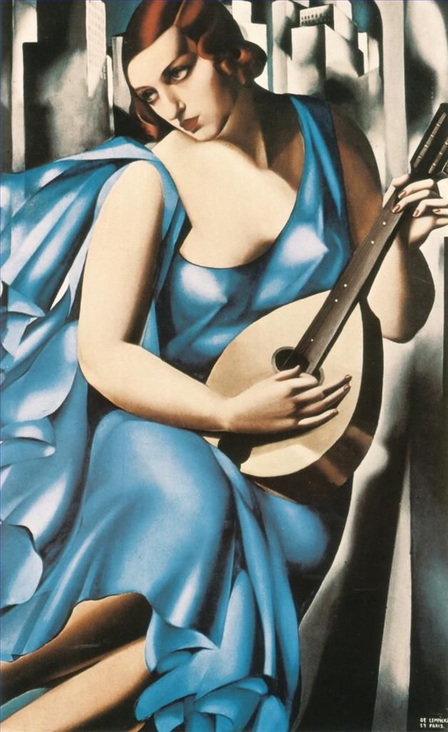塔玛拉·德·兰陂卡 当代油画作品 -  《拿着吉他的蓝色女人,1929》