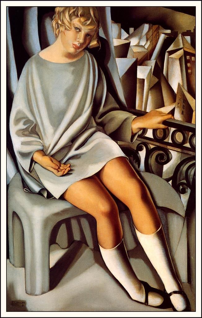 塔玛拉·德·兰陂卡 当代油画作品 -  《阳台上的基泽特,1927》
