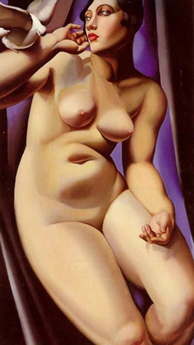 塔玛拉·德·兰陂卡 当代油画作品 -  《裸体与鸽子,1928》