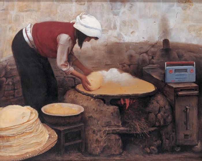 王沂东 当代油画作品 -  《摊煎饼的女孩》
