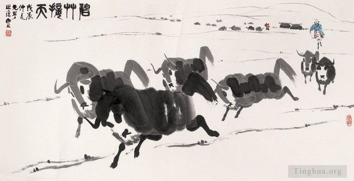 吴作人 当代书法国画作品 -  《飞奔的牛群》