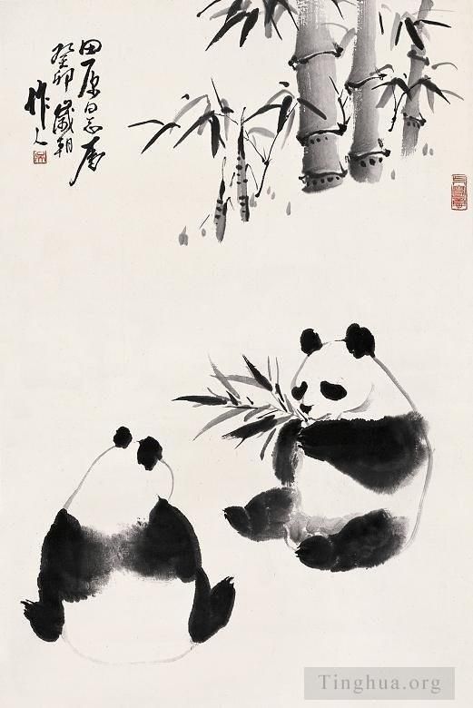 吴作人 当代书法国画作品 -  《吃竹子的熊猫》