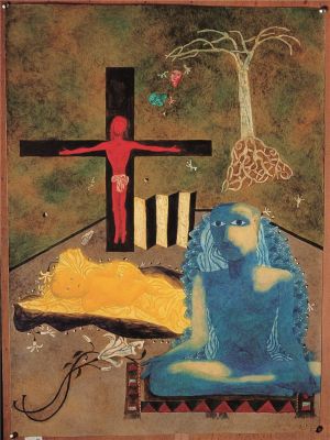 张晓刚的当代艺术作品《基督与佛陀,1989》
