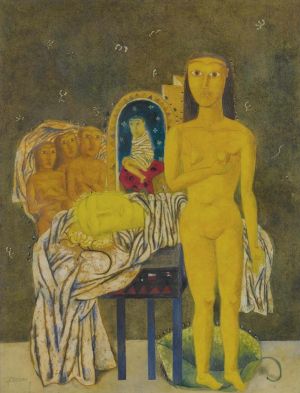张晓刚的当代艺术作品《头颅与守卫,1989》
