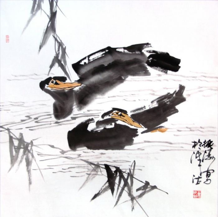 董振涛 当代书法国画作品 -  《两只鸭子在河里》