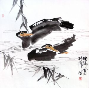 当代书法国画作品《两只鸭子在河里》