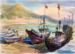 当代书法和国画 - 《崂山渔船》