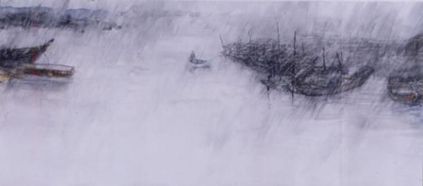 袁金塔 当代书法国画作品 -  《官渡的一个雨天》