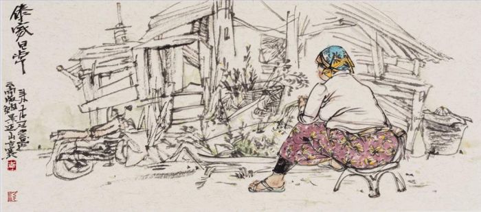 李江 当代书法国画作品 -  《傣族早晨的日常生活》