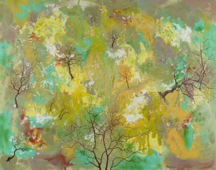 廉学洺 当代油画作品 -  《树枝细雨》