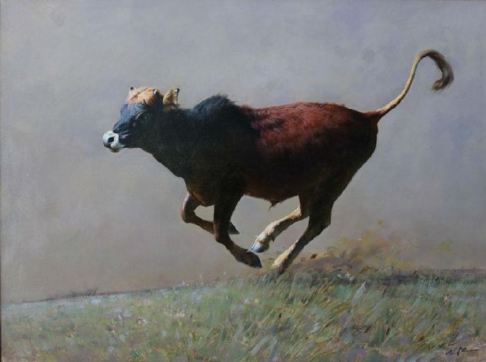 刘世江 当代油画作品 -  《奔跑的小牛》