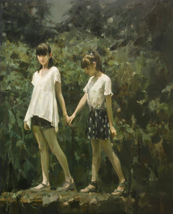 邬大勇 当代油画作品 -  《穿过溪流的女孩》