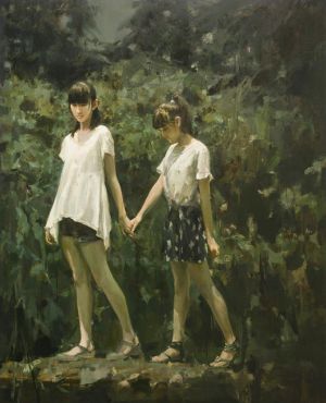 当代油画 - 《穿过溪流的女孩》