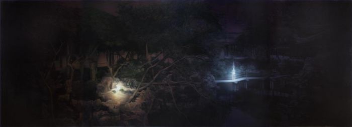杨勋 当代油画作品 -  《夜间画廊桥》