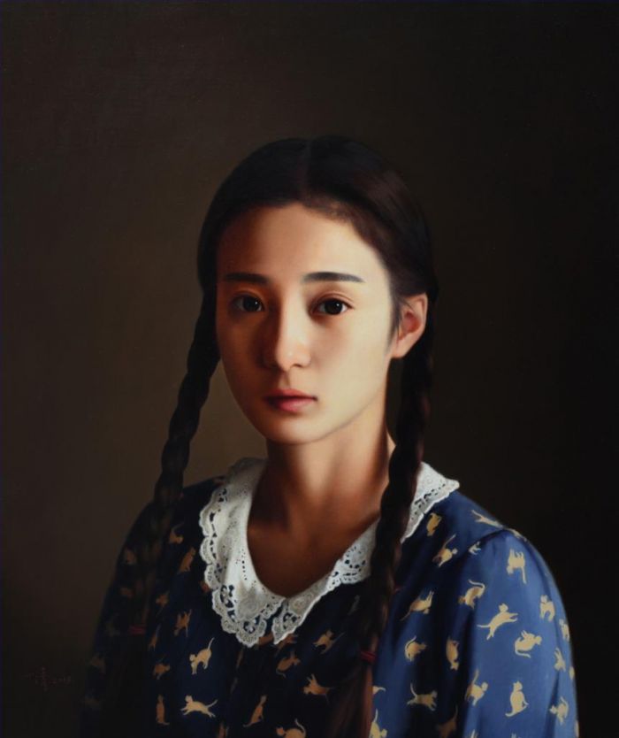 岳小清 当代油画作品 -  《辫子女孩》