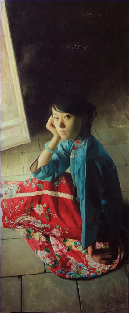 张宏 当代油画作品 -  《蓝衣女孩》