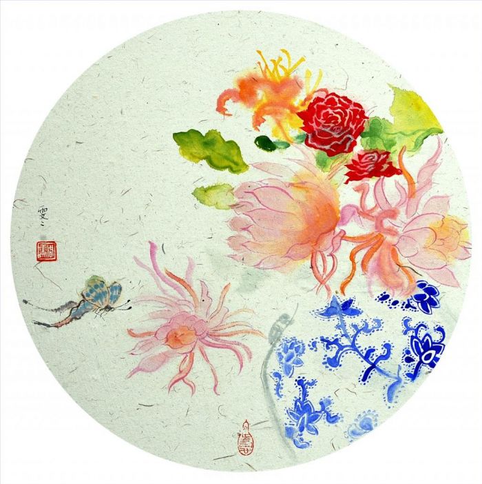 周雯雯 当代书法国画作品 -  《青花瓷系列花鸟蝴蝶》