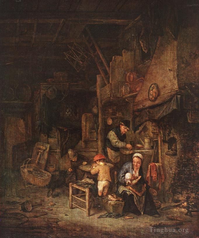 阿德里安·凡·奥斯塔德 的油画作品 -  《一个农民家庭的室内装饰》