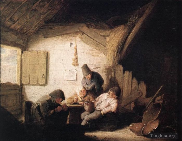 阿德里安·凡·奥斯塔德 的油画作品 -  《有四个人物的乡村酒馆》