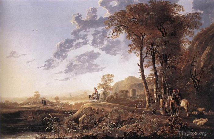 艾尔波特·克伊普 的油画作品 -  《傍晚风景与骑士和牧羊人》