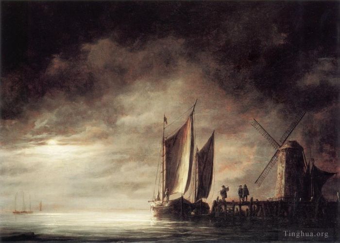 艾尔波特·克伊普 的油画作品 -  《月光海景风景画家,Aelbert,Cuyp》