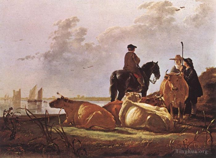 艾尔波特·克伊普 的油画作品 -  《默韦德河边有四头牛的农民》