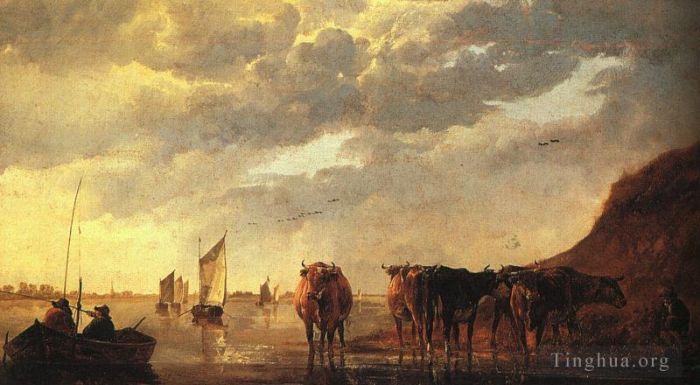 艾尔波特·克伊普 的油画作品 -  《河边有牛的牧民》