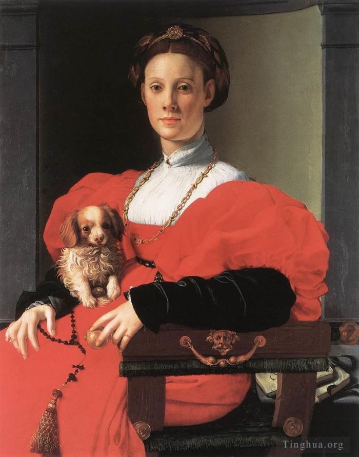 安尼鲁·布隆奇诺 的油画作品 -  《一位女士与一只小狗的肖像》