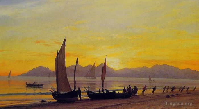 艾伯特·比尔施塔特 的油画作品 -  《日落时岸上的船发光》