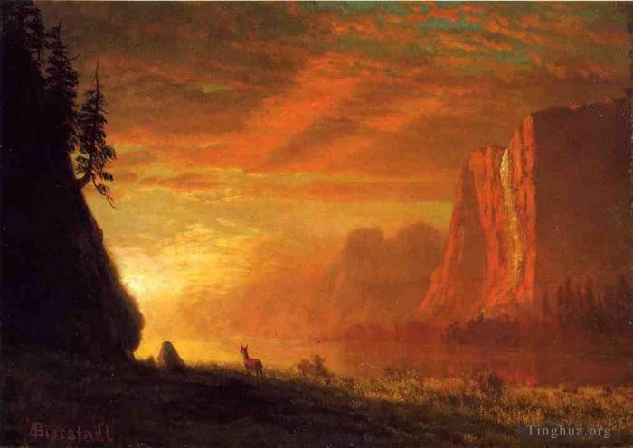 艾伯特·比尔施塔特 的油画作品 -  《日落时的鹿》