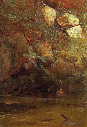 艺术家艾伯特·比尔施塔特作品《堤坝上的蕨类植物和岩石》