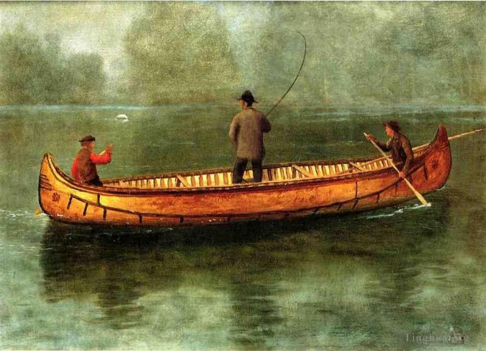艾伯特·比尔施塔特 的油画作品 -  《从独木舟上钓鱼发光主义海景》