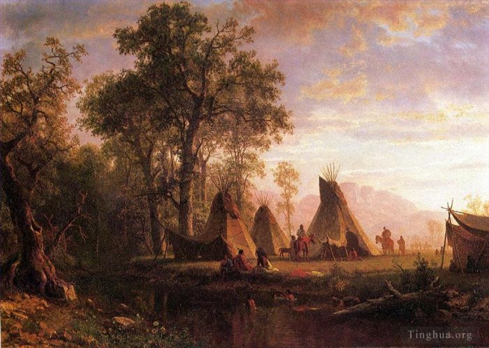 艾伯特·比尔施塔特 的油画作品 -  《下午晚些时候的印第安营地》