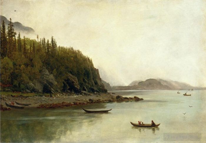 艾伯特·比尔施塔特 的油画作品 -  《印第安人钓鱼》