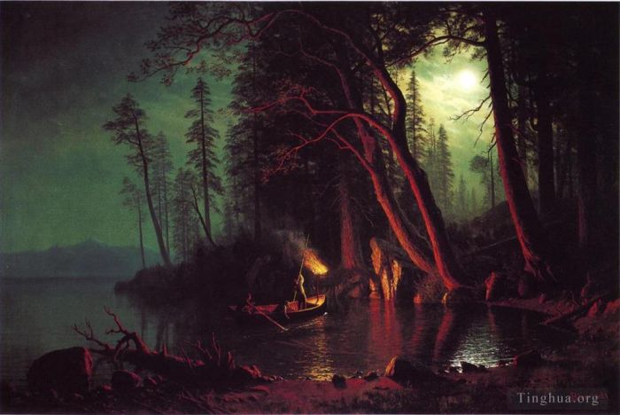 艾伯特·比尔施塔特 的油画作品 -  《太浩湖火炬之光鱼叉》