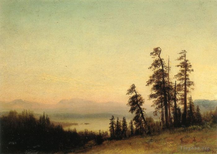 艾伯特·比尔施塔特 的油画作品 -  《风景与鹿》