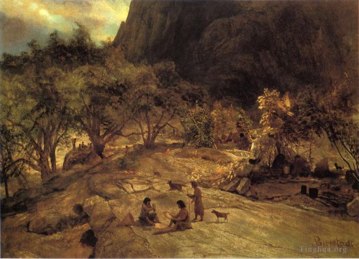艾伯特·比尔施塔特 的油画作品 -  《马里波萨印第安人营地,加利福尼亚州优胜美地山谷》