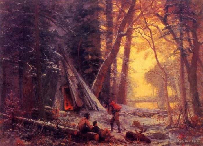 艾伯特·比尔施塔特 的油画作品 -  《驼鹿猎人营地》