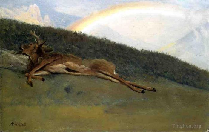 艾伯特·比尔施塔特 的油画作品 -  《堕落雄鹿上的彩虹发光主义》