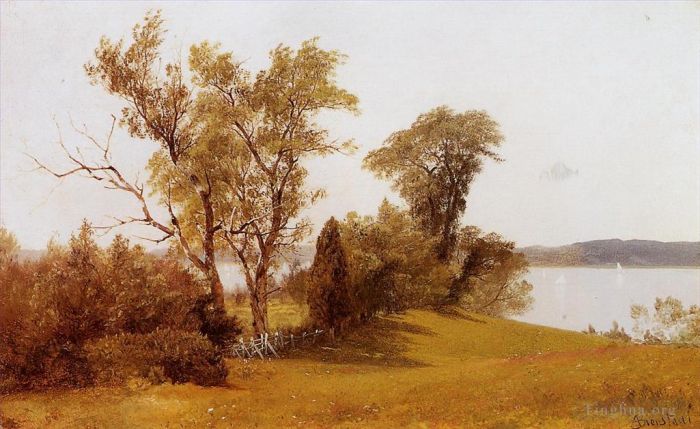 艾伯特·比尔施塔特 的油画作品 -  《欧文顿哈德逊河上的帆船》