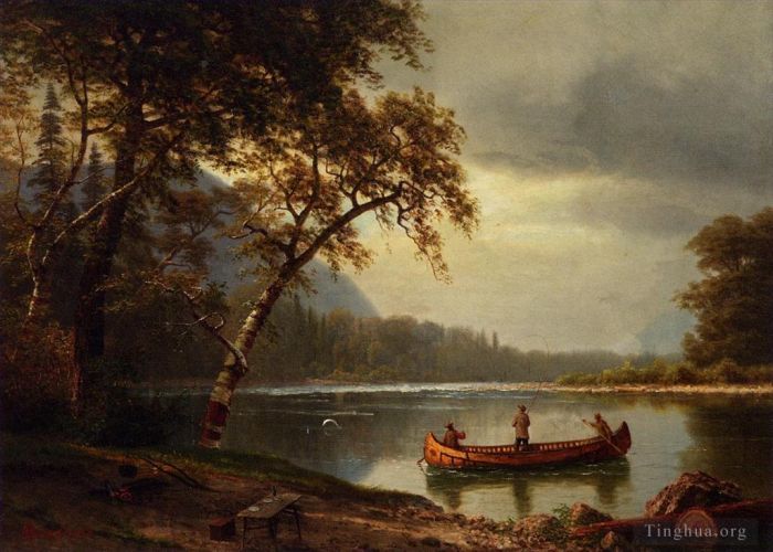 艾伯特·比尔施塔特 的油画作品 -  《卡斯卡迪亚克河钓鲑鱼》