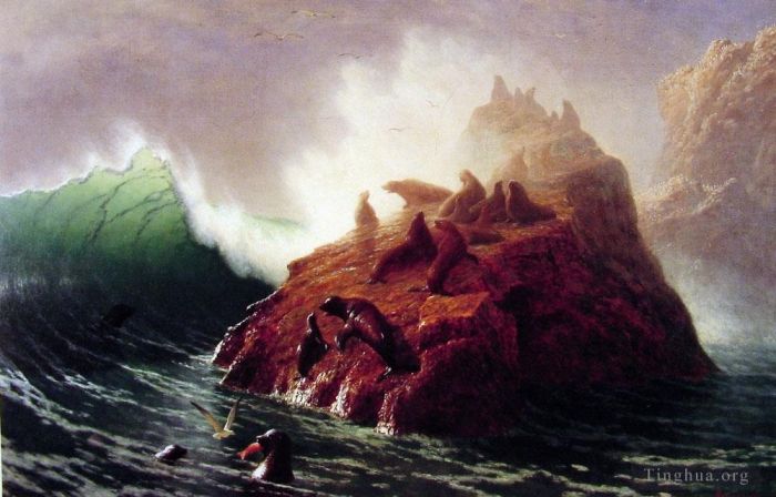 艾伯特·比尔施塔特 的油画作品 -  《海豹岩发光主义海景》