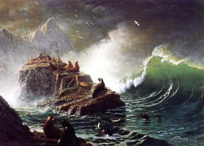 艾伯特·比尔施塔特 的油画作品 -  《岩石上的海豹,法拉隆群岛,光主义海景》