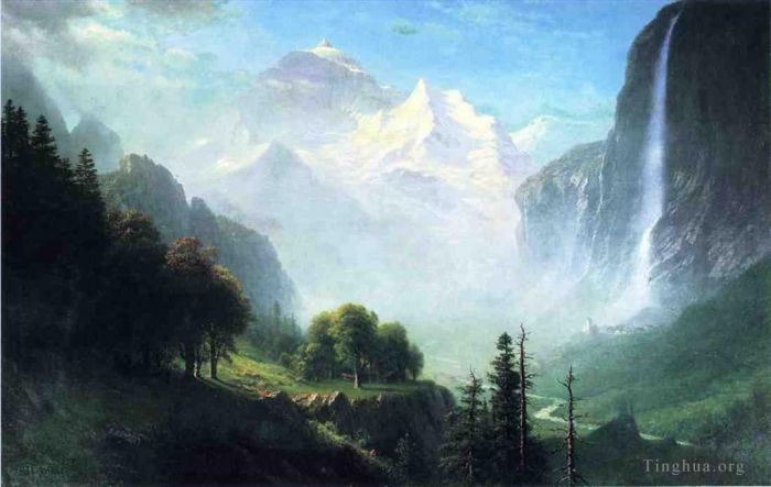 艾伯特·比尔施塔特 的油画作品 -  《瑞士劳特布龙嫩附近的施陶巴赫瀑布》
