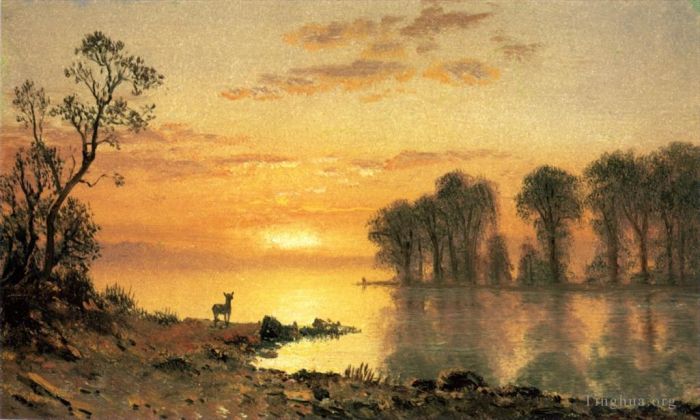 艾伯特·比尔施塔特 的油画作品 -  《日落鹿和河》