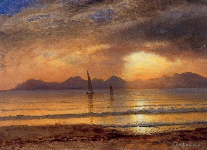 艾伯特·比尔施塔特 的油画作品 -  《山湖上的日落》